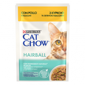 Пауч Purina Cat Chow Hairball - хапки в сос с пилешко месо и зелен фасул, против образуване на космени топки, 85гр
